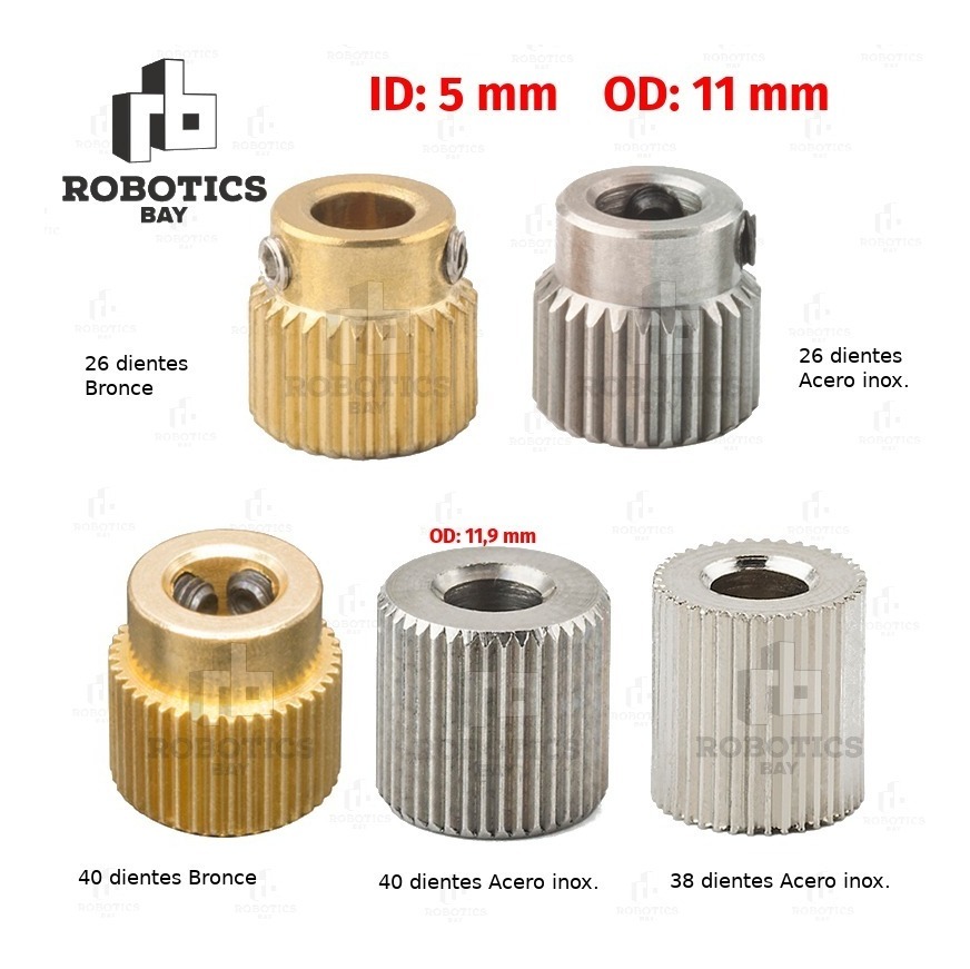 Polea Dentada Extrusor Hobbed 38 Dientes Eje 5mm Acero Inox.
